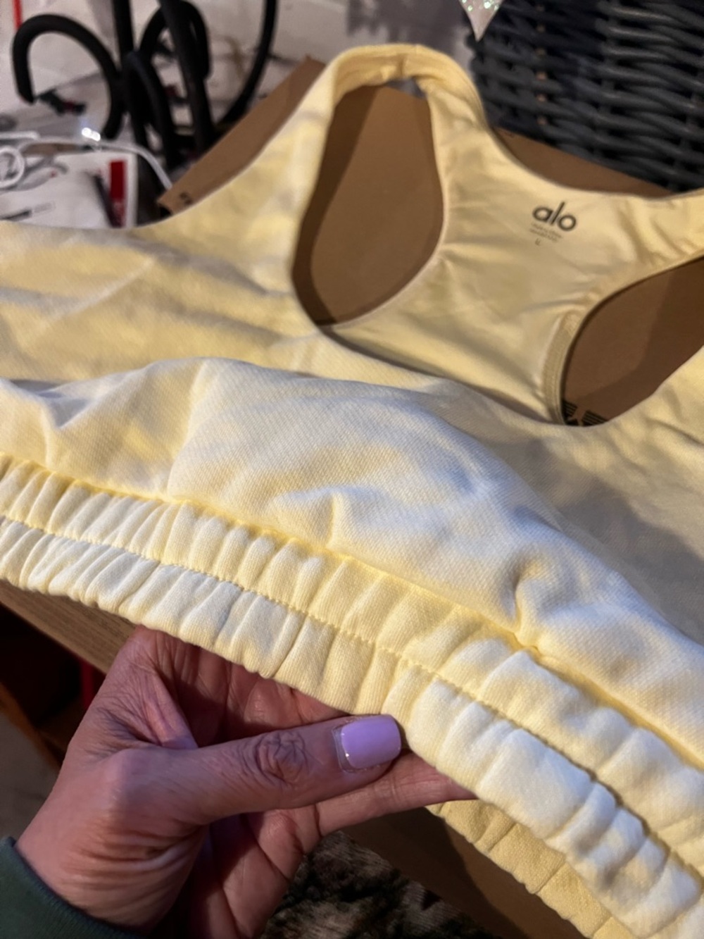 NWOT ALO Yoga Pale Yellow Racerback Bra—sweatshirt material and band, size L - Picture 3 of 4